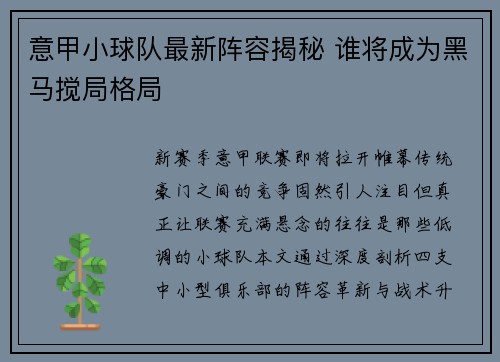 意甲小球队最新阵容揭秘 谁将成为黑马搅局格局